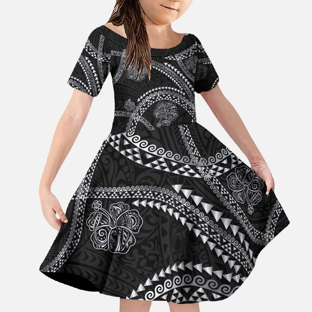 Hawaiian Kakau Art and Hisbiscus Tattoo Family Matching Summer Maxi Dress and Hawaiian Shirt Tribal Pattern-Silver Style LT03 Daughter's Dress Black - Polynesian Pride