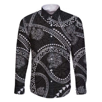 Hawaiian Kakau Art and Hisbiscus Tattoo Family Matching Summer Maxi Dress and Hawaiian Shirt Tribal Pattern-Silver Style LT03 Dad's Shirt - Long Sleeve Black - Polynesian Pride