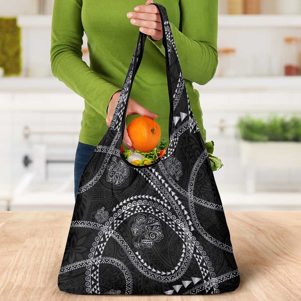 Hawaiian Kakau Art and Hisbiscus Tattoo Grocery Bag Tribal Pattern-Silver Style - Polynesian Pride