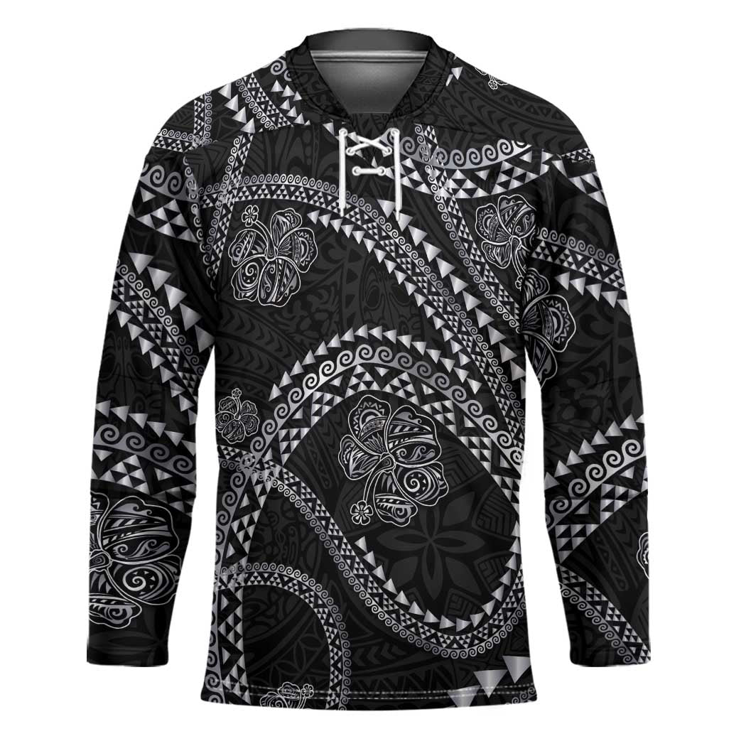 Hawaiian Kakau Art and Hisbiscus Tattoo Hockey Jersey Tribal Pattern-Silver Style - Polynesian Pride