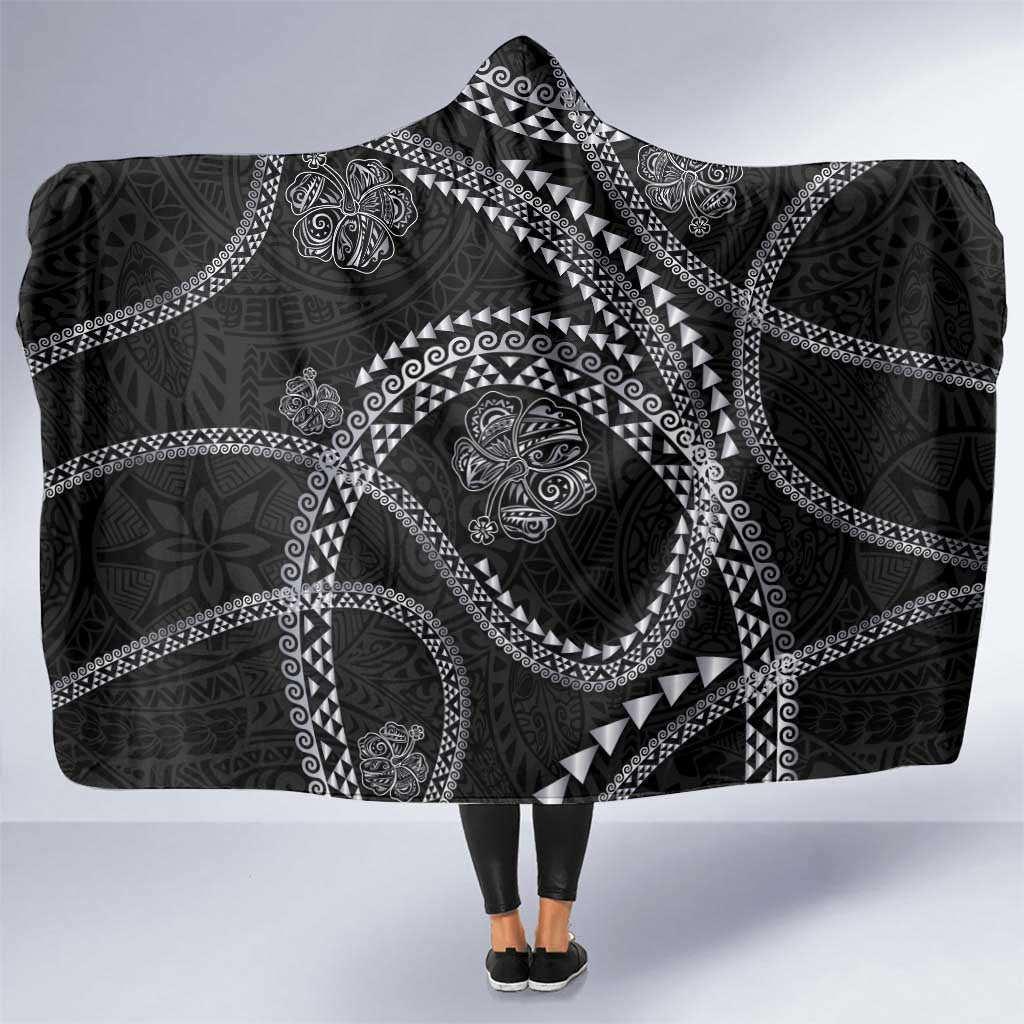 Hawaiian Kakau Art and Hisbiscus Tattoo Hooded Blanket Tribal Pattern-Silver Style - Polynesian Pride