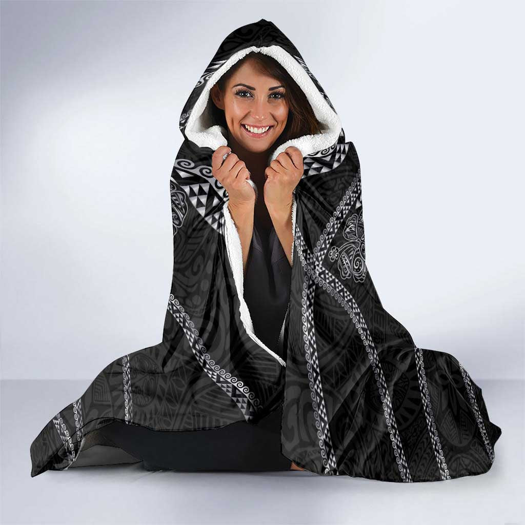 Hawaiian Kakau Art and Hisbiscus Tattoo Hooded Blanket Tribal Pattern-Silver Style - Polynesian Pride