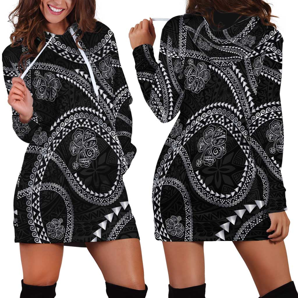 Hawaiian Kakau Art and Hisbiscus Tattoo Hoodie Dress Tribal Pattern-Silver Style - Polynesian Pride