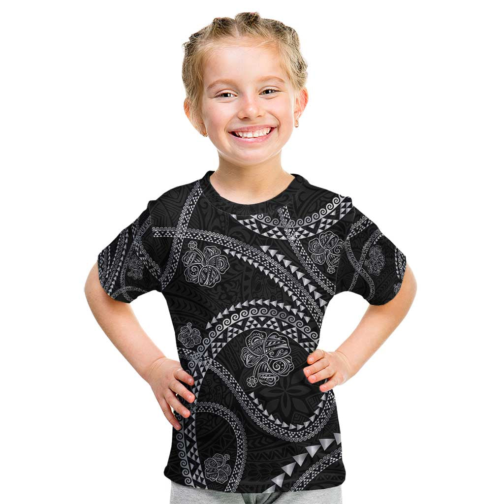 Hawaiian Kakau Art and Hisbiscus Tattoo Kid T Shirt Tribal Pattern-Silver Style LT03 Black - Polynesian Pride