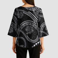Hawaiian Kakau Art and Hisbiscus Tattoo Kimono Sleeve Blouse Tribal Pattern-Silver Style - Polynesian Pride