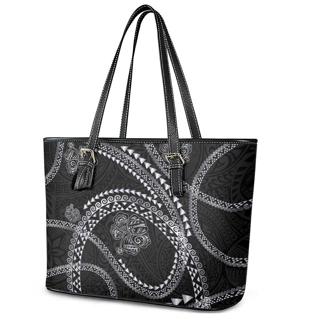 Hawaiian Kakau Art and Hisbiscus Tattoo Leather Tote Bag Tribal Pattern-Silver Style - Polynesian Pride