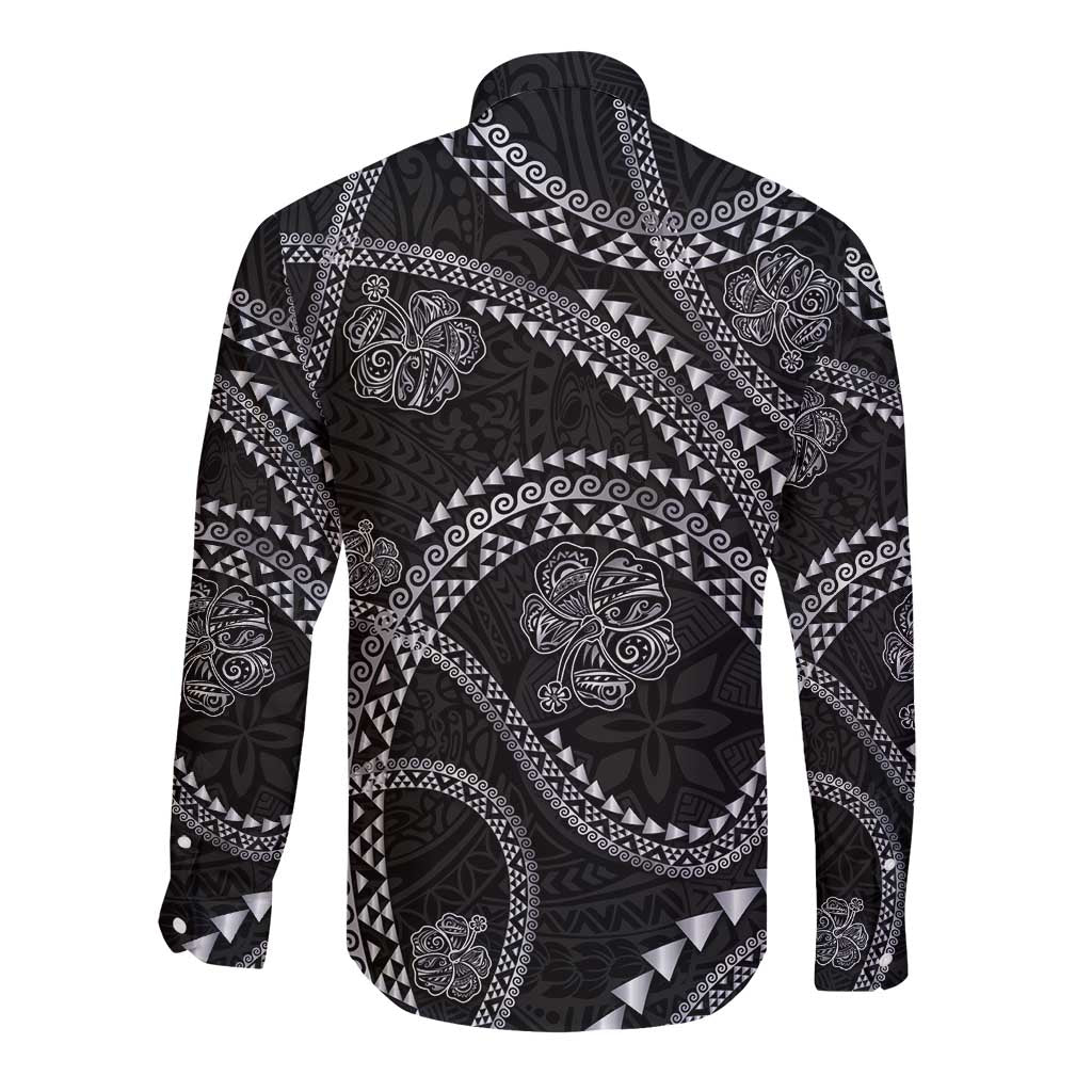 Hawaiian Kakau Art and Hisbiscus Tattoo Long Sleeve Button Shirt Tribal Pattern-Silver Style LT03 - Polynesian Pride