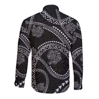 Hawaiian Kakau Art and Hisbiscus Tattoo Long Sleeve Button Shirt Tribal Pattern-Silver Style LT03 - Polynesian Pride
