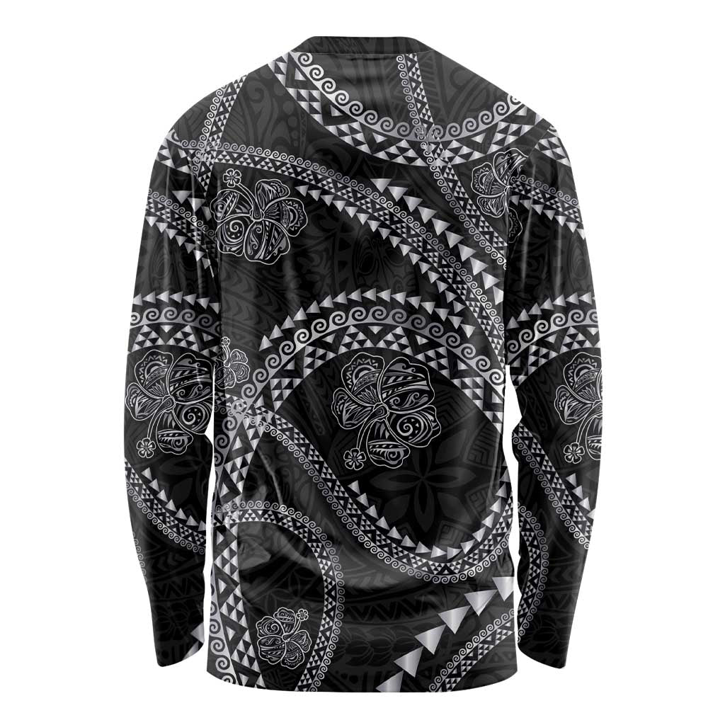Hawaiian Kakau Art and Hisbiscus Tattoo Long Sleeve Shirt Tribal Pattern-Silver Style LT03 - Polynesian Pride