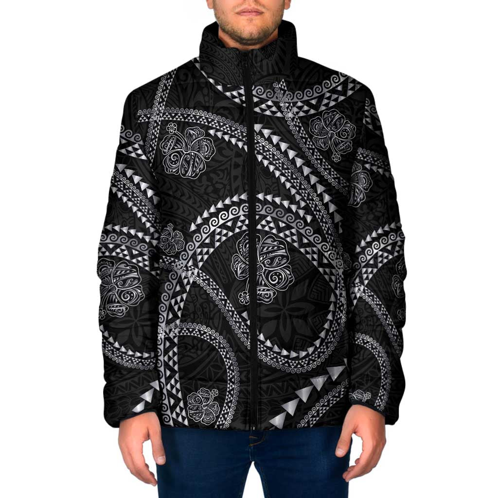 Hawaiian Kakau Art and Hisbiscus Tattoo Padded Jacket Tribal Pattern-Silver Style - Polynesian Pride