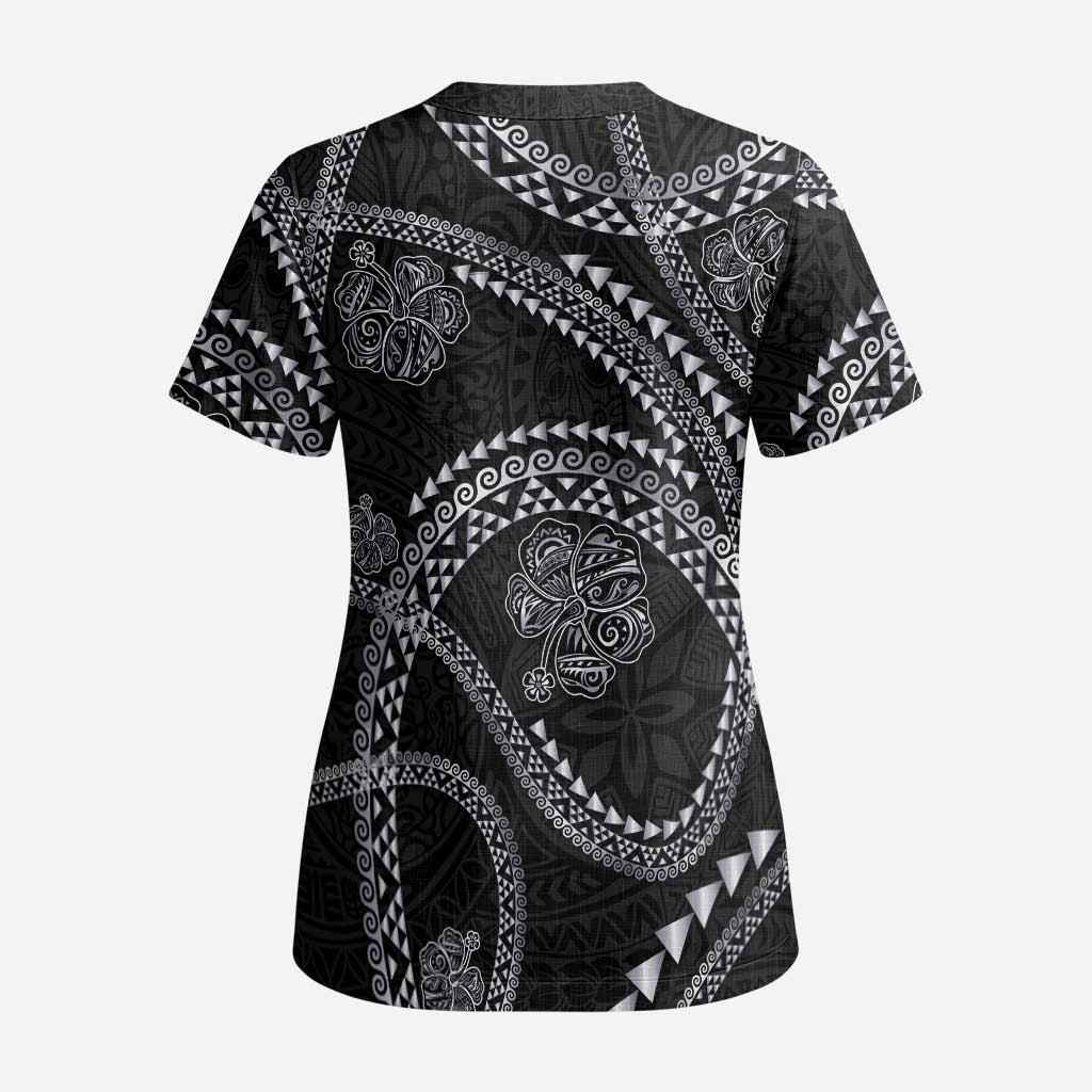 Hawaiian Kakau Art and Hisbiscus Tattoo Scrub Top Tribal Pattern-Silver Style - Polynesian Pride