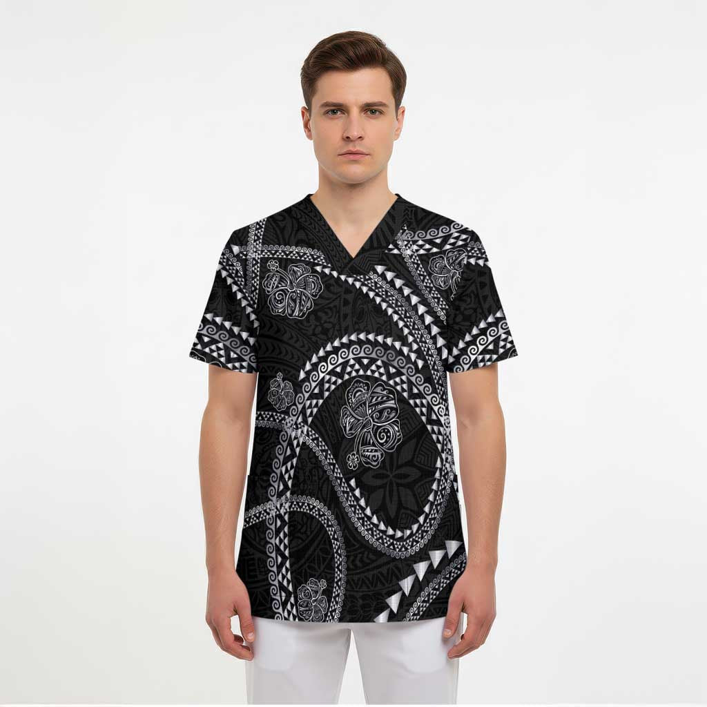 Hawaiian Kakau Art and Hisbiscus Tattoo Scrub Top Tribal Pattern-Silver Style - Polynesian Pride