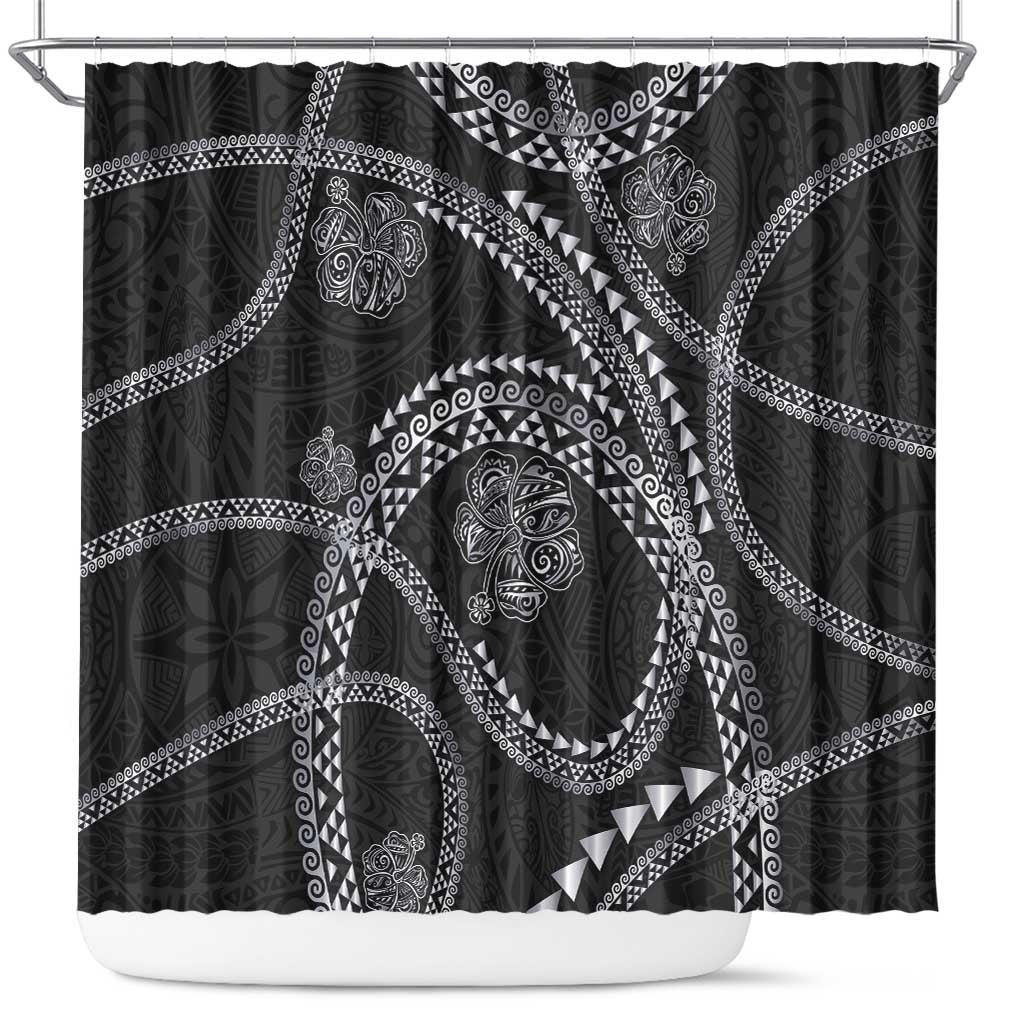 Hawaiian Kakau Art and Hisbiscus Tattoo Shower Curtain Tribal Pattern-Silver Style LT03 Black - Polynesian Pride
