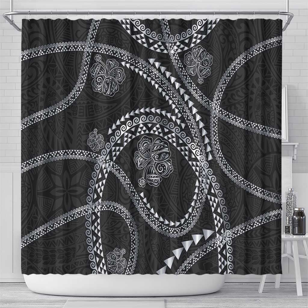 Hawaiian Kakau Art and Hisbiscus Tattoo Shower Curtain Tribal Pattern-Silver Style LT03 - Polynesian Pride