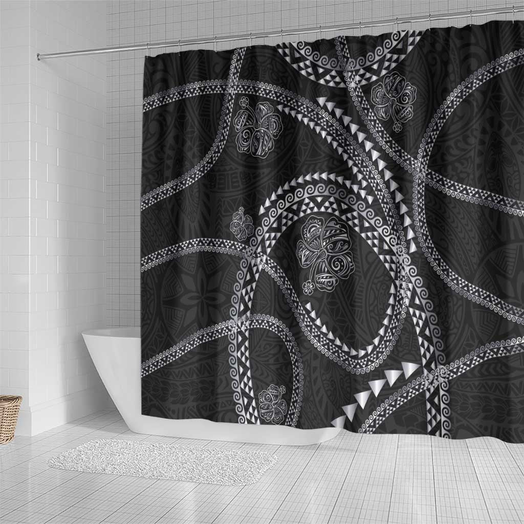 Hawaiian Kakau Art and Hisbiscus Tattoo Shower Curtain Tribal Pattern-Silver Style LT03 - Polynesian Pride