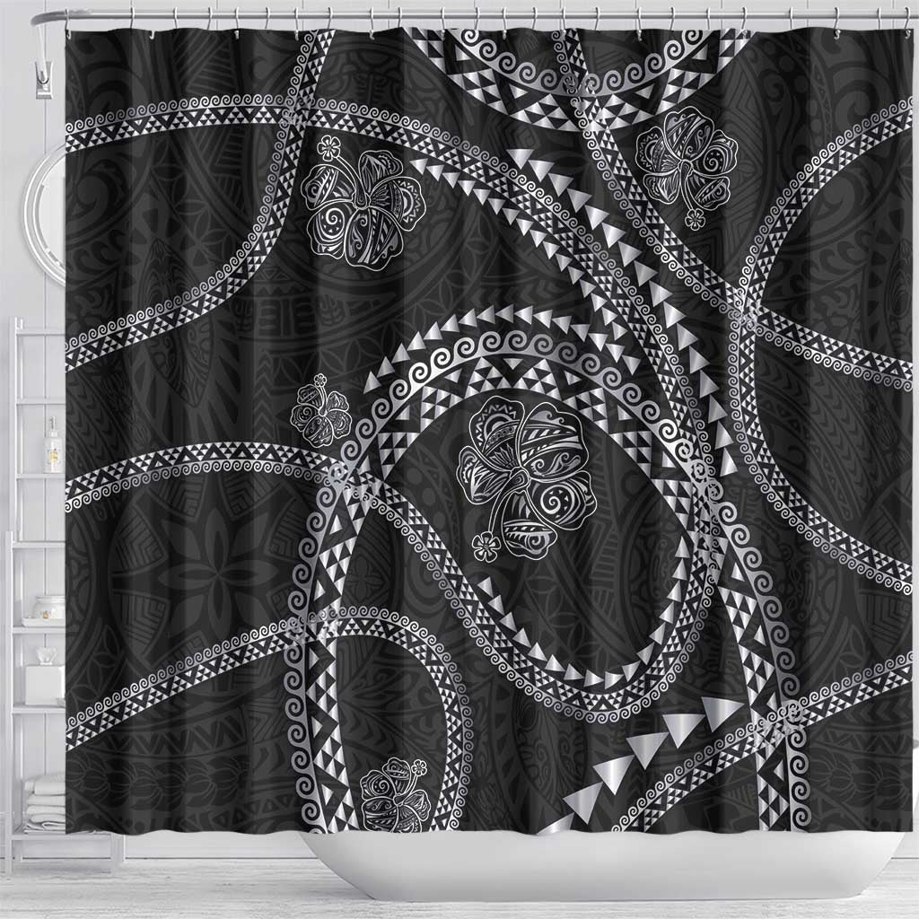 Hawaiian Kakau Art and Hisbiscus Tattoo Shower Curtain Tribal Pattern-Silver Style LT03 - Polynesian Pride