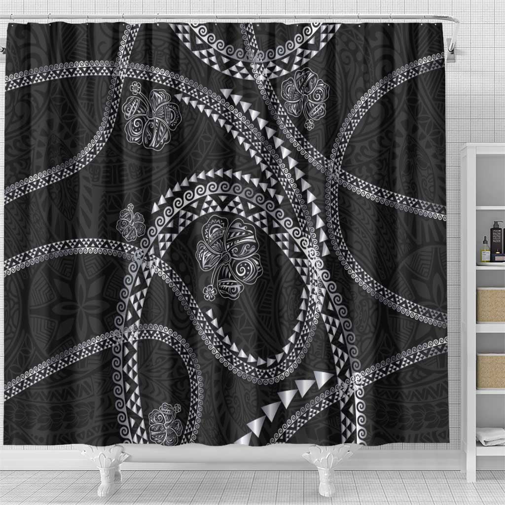 Hawaiian Kakau Art and Hisbiscus Tattoo Shower Curtain Tribal Pattern-Silver Style LT03 - Polynesian Pride