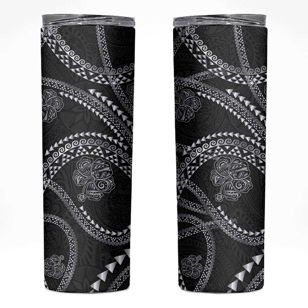 Hawaiian Kakau Art and Hisbiscus Tattoo Skinny Tumbler Tribal Pattern-Silver Style - Polynesian Pride
