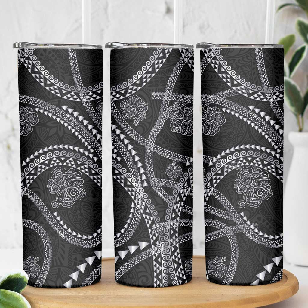 Hawaiian Kakau Art and Hisbiscus Tattoo Skinny Tumbler Tribal Pattern-Silver Style - Polynesian Pride