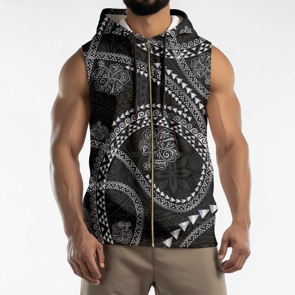 Hawaiian Kakau Art and Hisbiscus Tattoo Sleeveless Zip Hoodie Tribal Pattern-Silver Style - Polynesian Pride