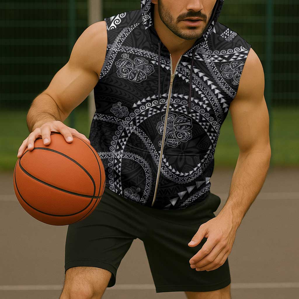 Hawaiian Kakau Art and Hisbiscus Tattoo Sleeveless Zip Hoodie Tribal Pattern-Silver Style - Polynesian Pride