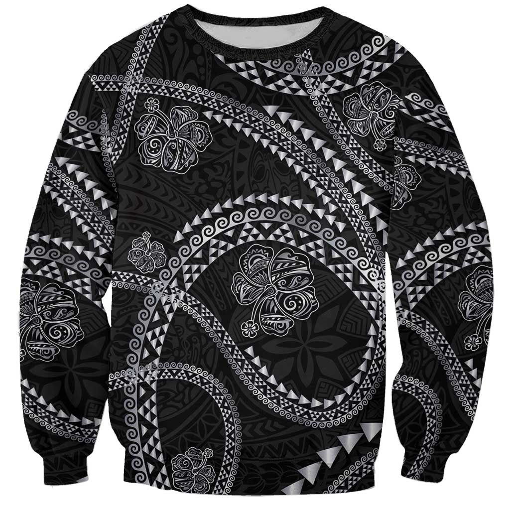 Hawaiian Kakau Art and Hisbiscus Tattoo Sweatshirt Tribal Pattern-Silver Style - Polynesian Pride