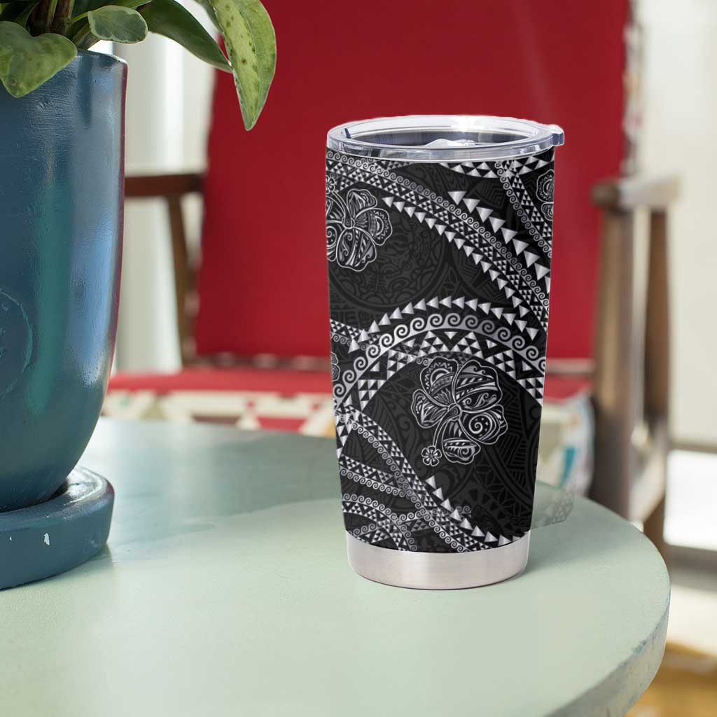 Hawaiian Kakau Art and Hisbiscus Tattoo Tumbler Cup Tribal Pattern-Silver Style - Polynesian Pride