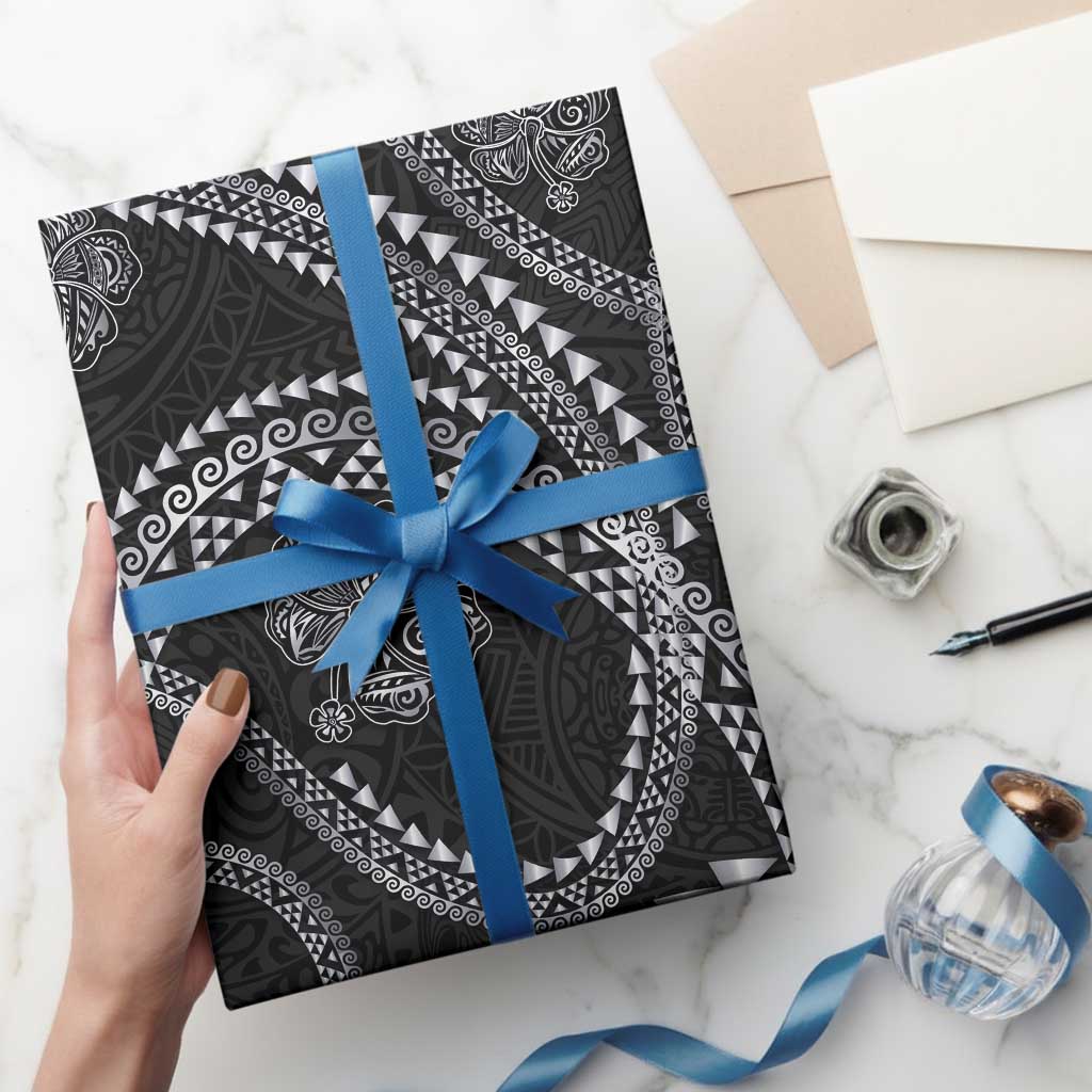 Hawaiian Kakau Art and Hisbiscus Tattoo Wrapping Paper Tribal Pattern-Silver Style - Polynesian Pride