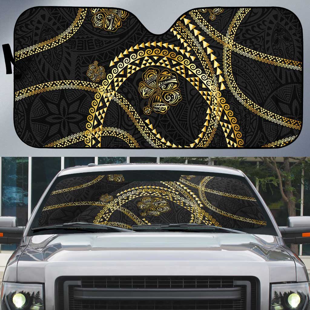 Hawaiian Kakau Art and Hisbiscus Tattoo Auto Sun Shade Tribal Pattern-Gold Style - Polynesian Pride