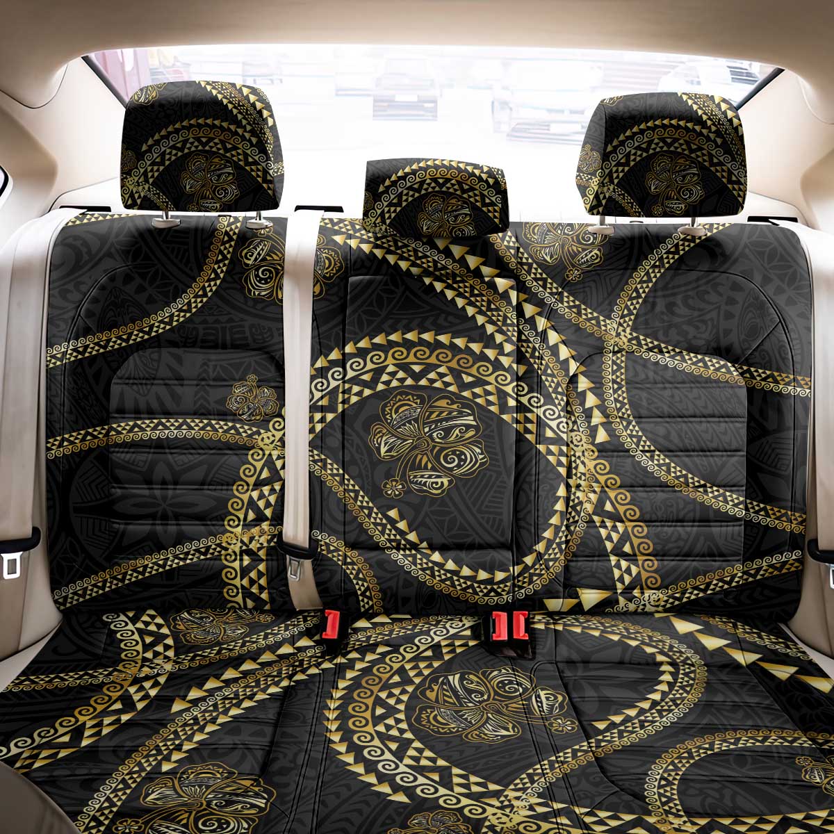 Hawaiian Kakau Art and Hisbiscus Tattoo Back Car Seat Cover Tribal Pattern-Gold Style LT03 - Polynesian Pride