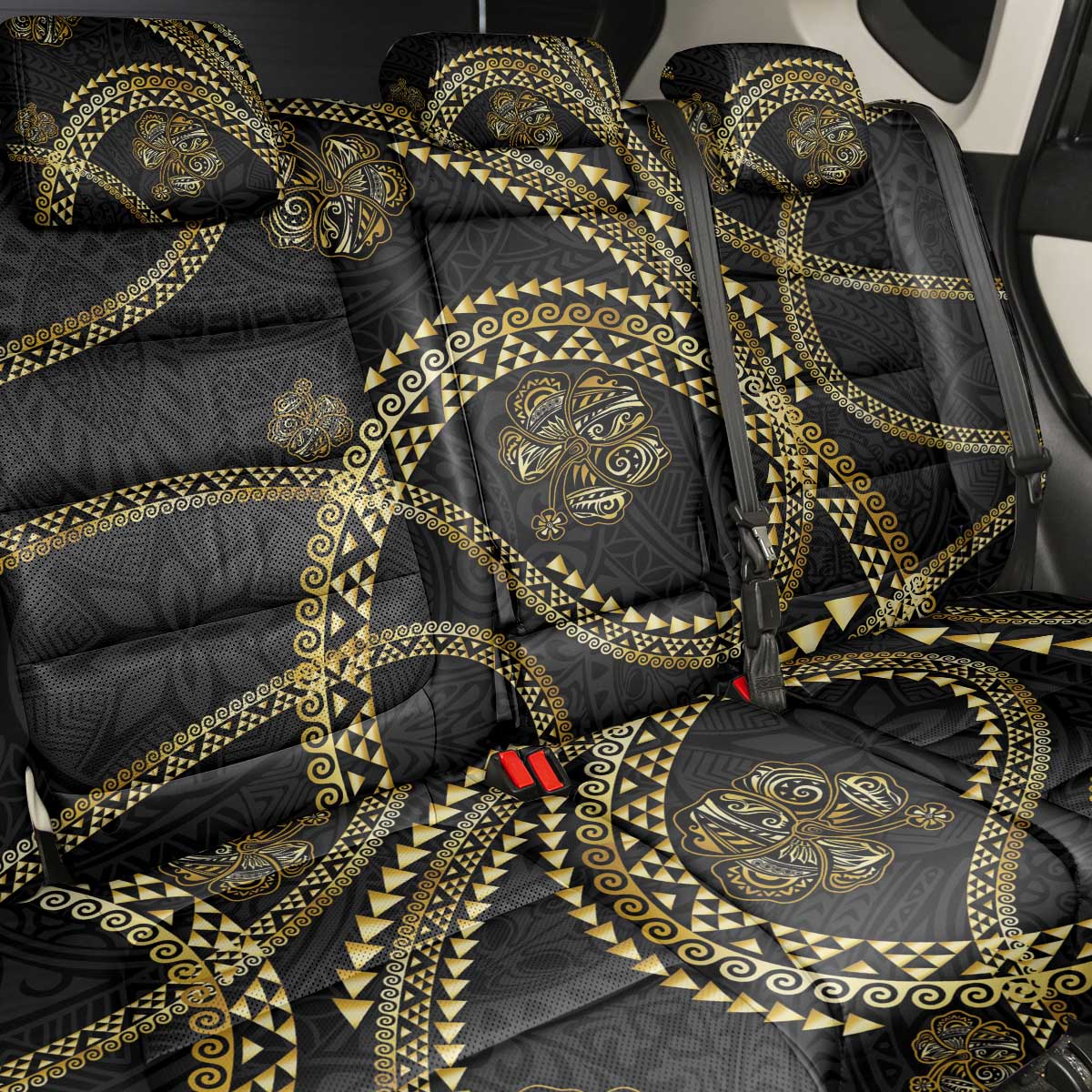 Hawaiian Kakau Art and Hisbiscus Tattoo Back Car Seat Cover Tribal Pattern-Gold Style LT03 - Polynesian Pride