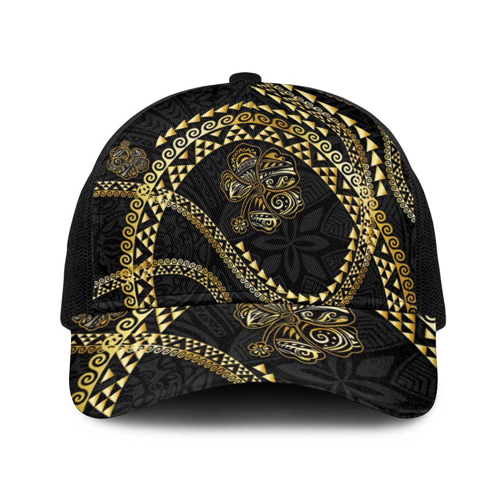Hawaiian Kakau Art and Hisbiscus Tattoo Baseball Net Cap Tribal Pattern-Gold Style - Polynesian Pride
