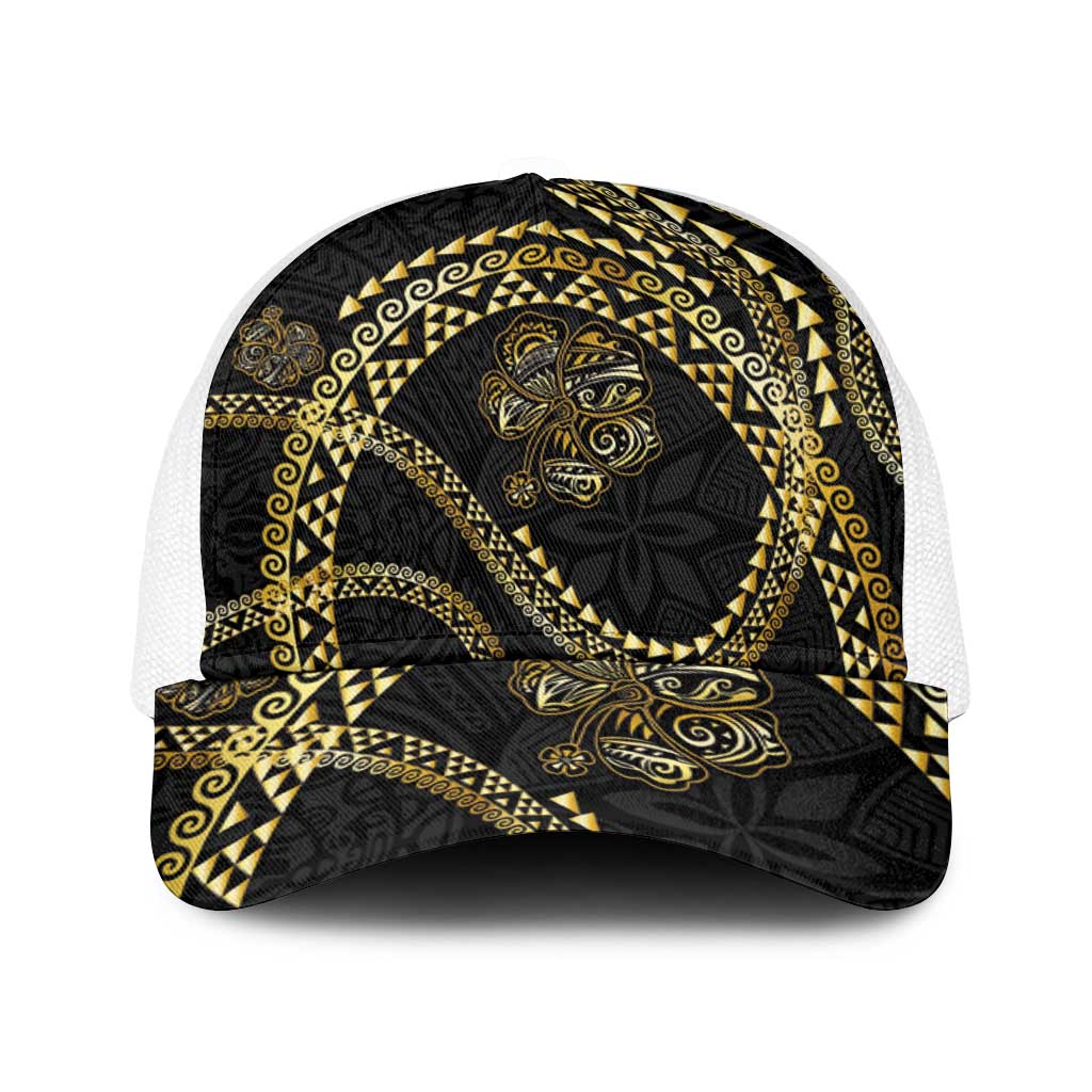 Hawaiian Kakau Art and Hisbiscus Tattoo Baseball Net Cap Tribal Pattern-Gold Style - Polynesian Pride