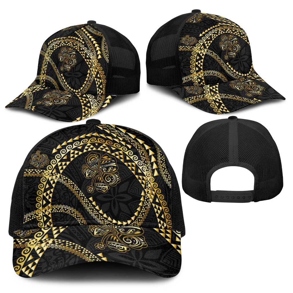 Hawaiian Kakau Art and Hisbiscus Tattoo Baseball Net Cap Tribal Pattern-Gold Style - Polynesian Pride