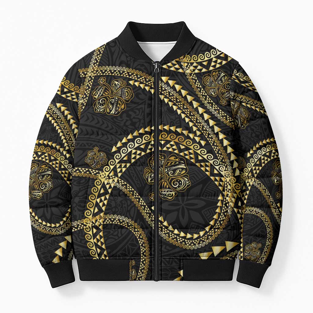 Hawaiian Kakau Art and Hisbiscus Tattoo Bomber Puffer Jacket Tribal Pattern-Gold Style - Polynesian Pride