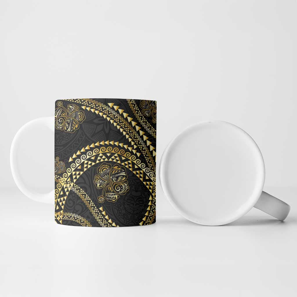 Hawaiian Kakau Art and Hisbiscus Tattoo Ceramic Mug Tribal Pattern-Gold Style - Polynesian Pride