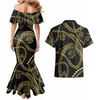 Hawaiian Kakau Art and Hisbiscus Tattoo Couples Matching Mermaid Dress and Hawaiian Shirt Tribal Pattern-Gold Style LT03 - Polynesian Pride