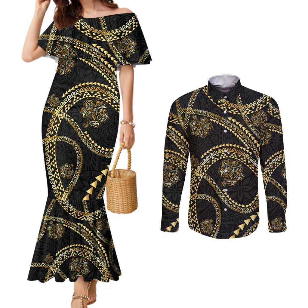 Hawaiian Kakau Art and Hisbiscus Tattoo Couples Matching Mermaid Dress and Long Sleeve Button Shirt Tribal Pattern-Gold Style - Polynesian Pride