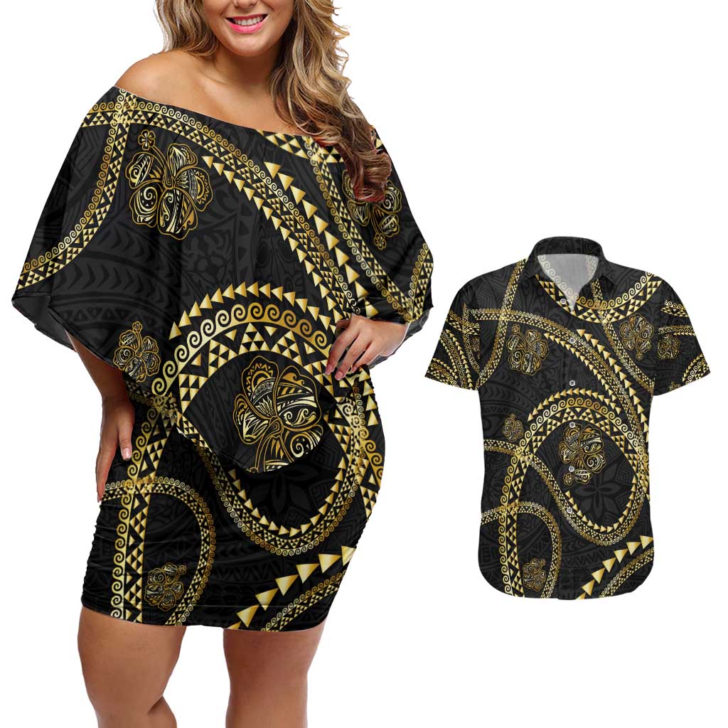 Hawaiian Kakau Art and Hisbiscus Tattoo Couples Matching Off Shoulder Short Dress and Hawaiian Shirt Tribal Pattern-Gold Style LT03 Black - Polynesian Pride