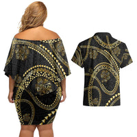 Hawaiian Kakau Art and Hisbiscus Tattoo Couples Matching Off Shoulder Short Dress and Hawaiian Shirt Tribal Pattern-Gold Style LT03 - Polynesian Pride