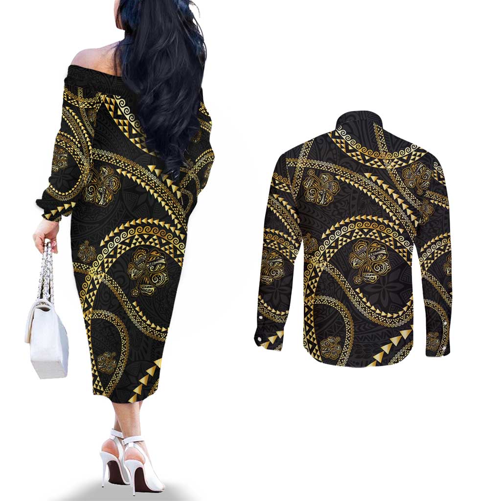 Hawaiian Kakau Art and Hisbiscus Tattoo Couples Matching Off The Shoulder Long Sleeve Dress and Long Sleeve Button Shirt Tribal Pattern-Gold Style LT03 - Polynesian Pride