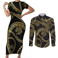 Hawaiian Kakau Art and Hisbiscus Tattoo Couples Matching Short Sleeve Bodycon Dress and Long Sleeve Button Shirt Tribal Pattern-Gold Style LT03 Black - Polynesian Pride