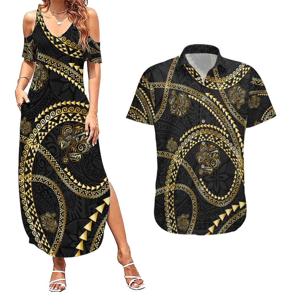 Hawaiian Kakau Art and Hisbiscus Tattoo Couples Matching Summer Maxi Dress and Hawaiian Shirt Tribal Pattern-Gold Style LT03 Black - Polynesian Pride