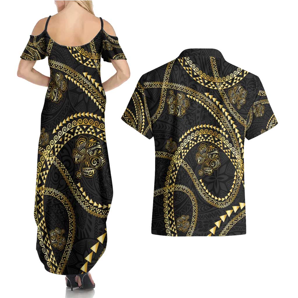 Hawaiian Kakau Art and Hisbiscus Tattoo Couples Matching Summer Maxi Dress and Hawaiian Shirt Tribal Pattern-Gold Style LT03 - Polynesian Pride