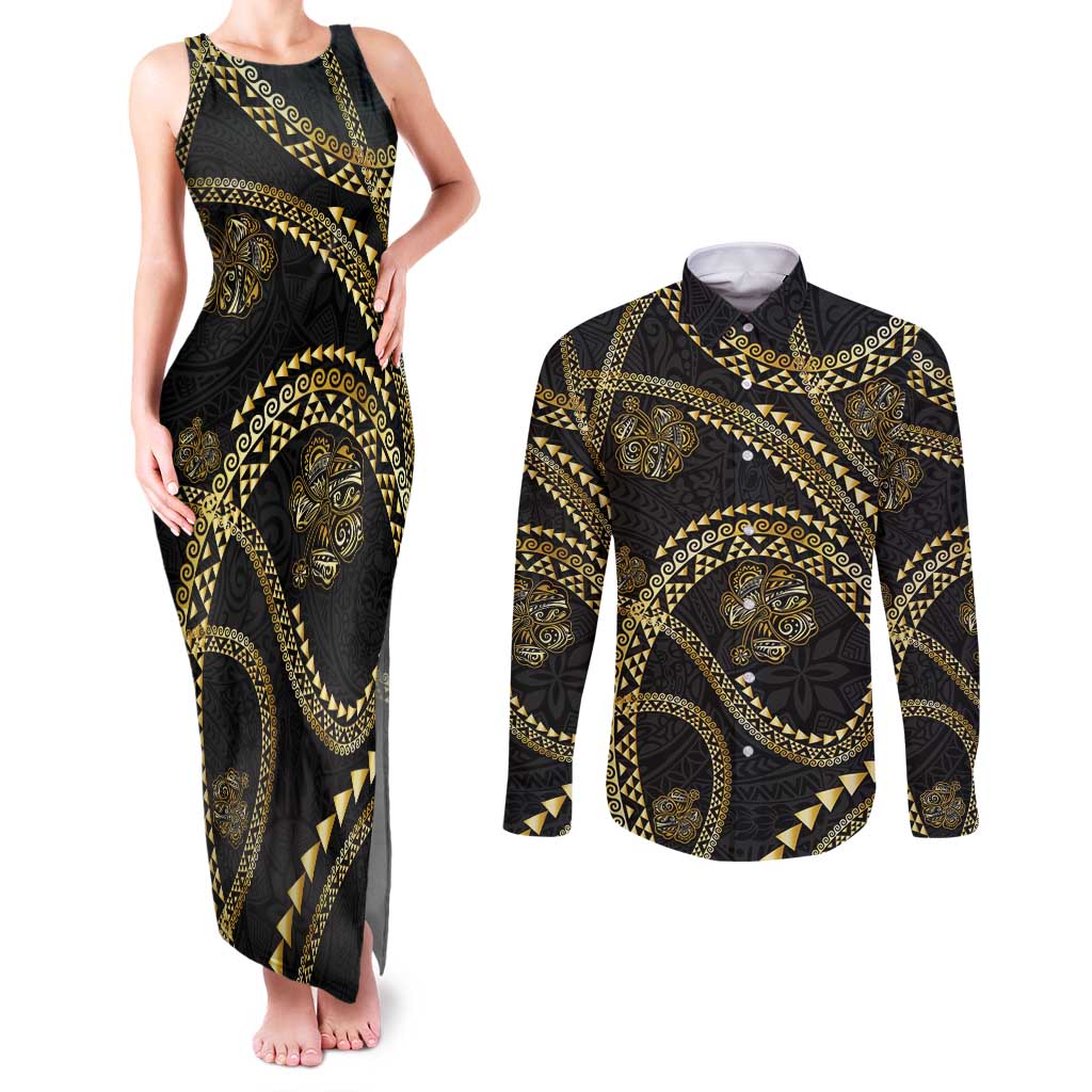 Hawaiian Kakau Art and Hisbiscus Tattoo Couples Matching Tank Maxi Dress and Long Sleeve Button Shirt Tribal Pattern-Gold Style - Polynesian Pride