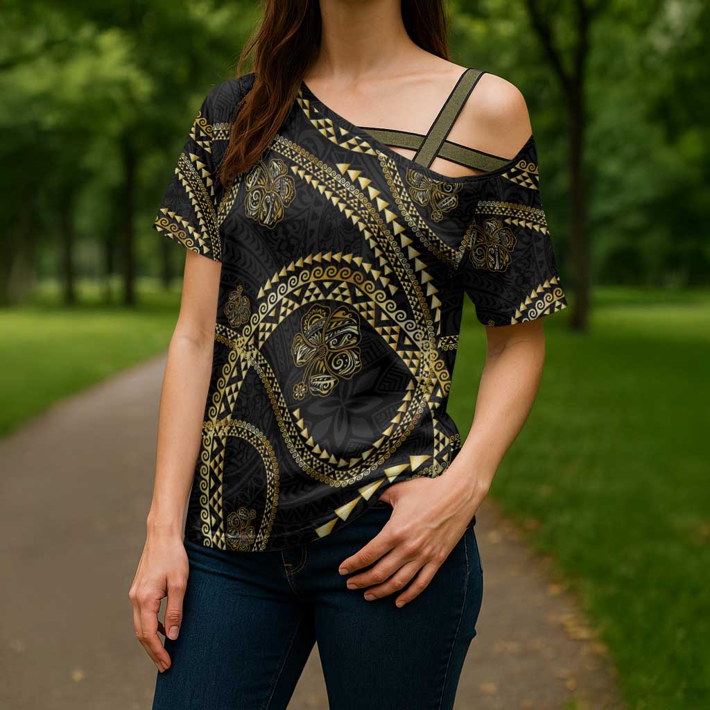 Hawaiian Kakau Art and Hisbiscus Tattoo Cross Shoulder Shirt Tribal Pattern-Gold Style - Polynesian Pride