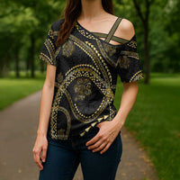 Hawaiian Kakau Art and Hisbiscus Tattoo Cross Shoulder Shirt Tribal Pattern-Gold Style - Polynesian Pride