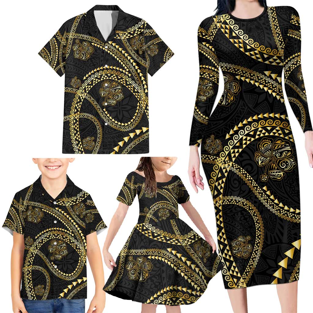 Hawaiian Kakau Art and Hisbiscus Tattoo Family Matching Long Sleeve Bodycon Dress and Hawaiian Shirt Tribal Pattern-Gold Style LT03 - Polynesian Pride
