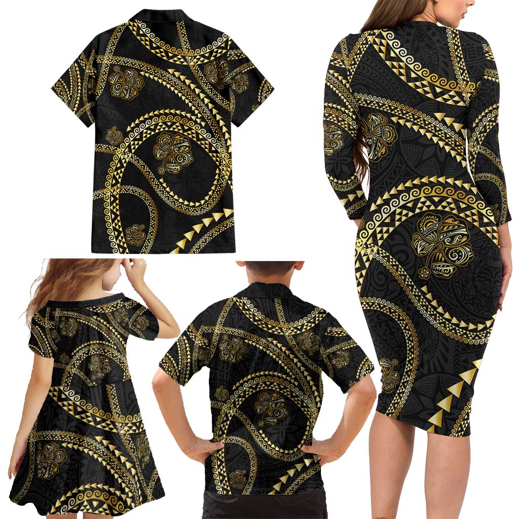Hawaiian Kakau Art and Hisbiscus Tattoo Family Matching Long Sleeve Bodycon Dress and Hawaiian Shirt Tribal Pattern-Gold Style LT03 - Polynesian Pride