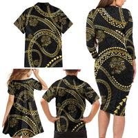 Hawaiian Kakau Art and Hisbiscus Tattoo Family Matching Long Sleeve Bodycon Dress and Hawaiian Shirt Tribal Pattern-Gold Style LT03 - Polynesian Pride